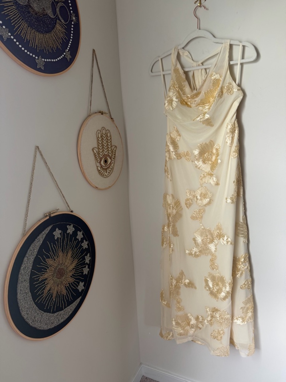 Butter yellow Floral appliqué halter maxi dress